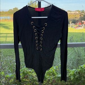 Plush & Lush Long Sleeve Lace-Up Front Bodysuit with Gold Grommets